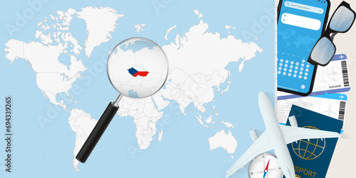 Czech Republic is magnified over a World Map, illustration with airplane, passport, boarding pass, compass and eyeglasses.