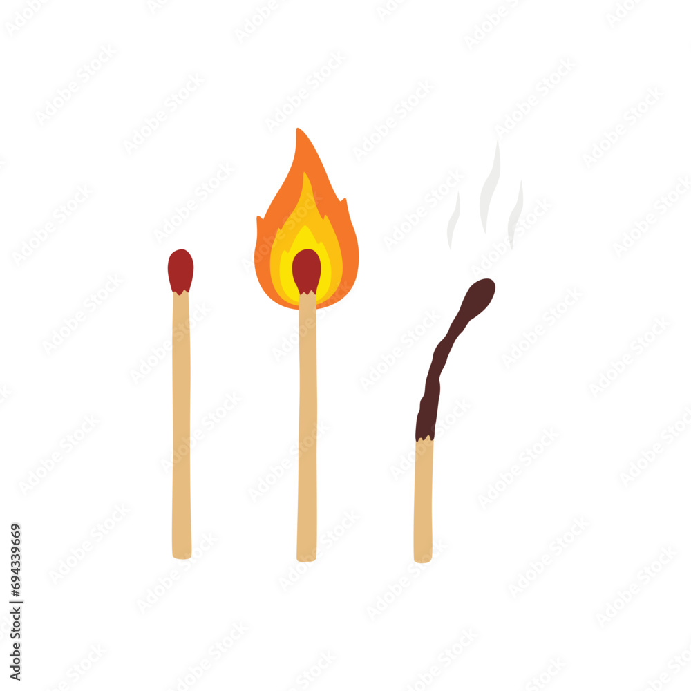 Matches, lighted match and burned match. Vector illustration.