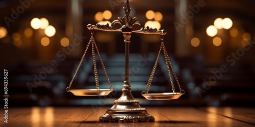 Scales of justice, Symbol of justice in the courtroom background. Generative AI 