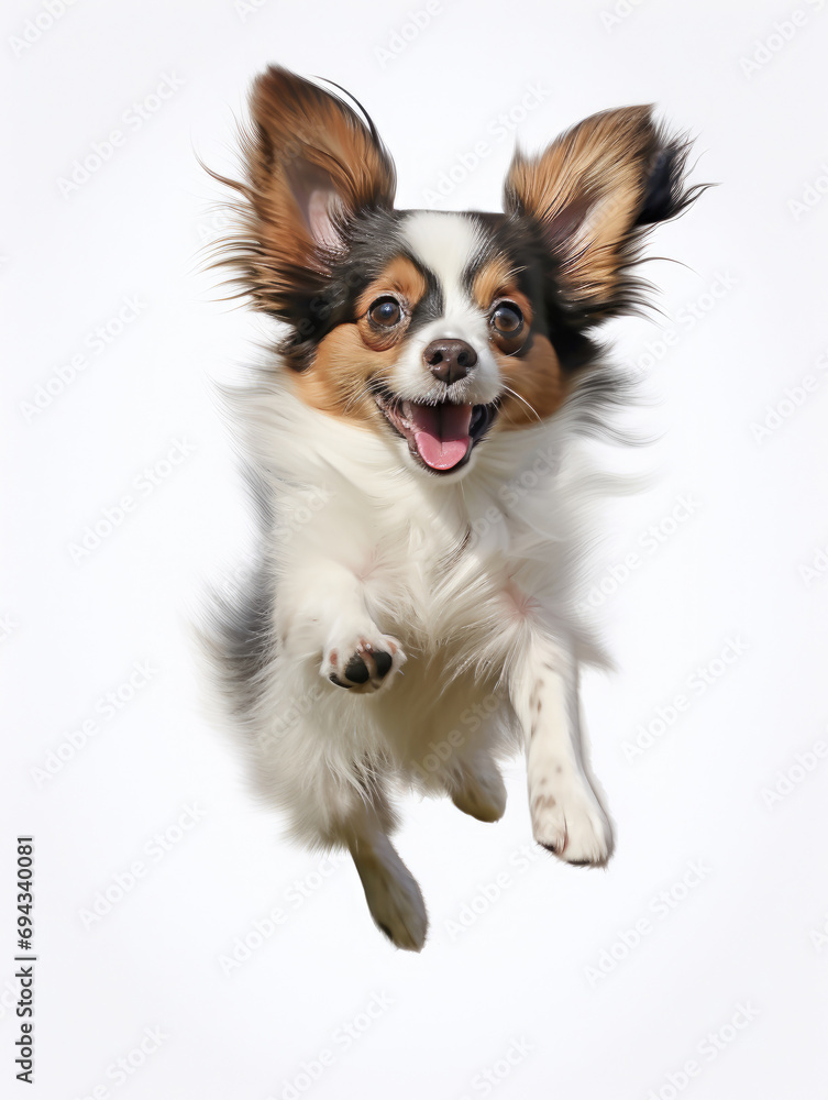 Papillon puppy with happy funny face jumping pose isolated on white background created with Generative AI Technology   