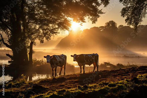 Beautiful view of a cows on grass with a misty morning sunrise