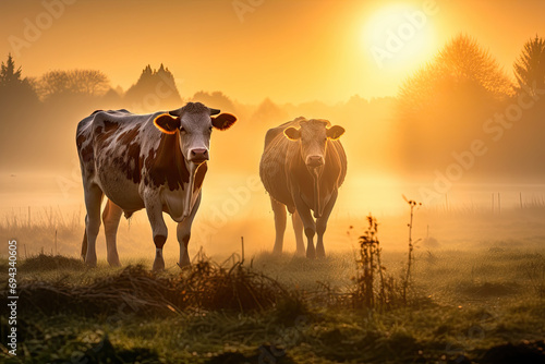 Beautiful view of a cows on grass with a misty morning sunrise © Robert