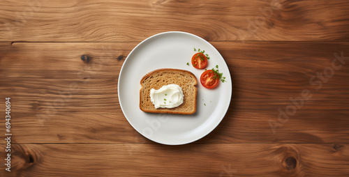 coffee cup, bread on wooden table, top down shot of a piece of white bread on a plate