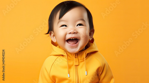 Portrait of a happy smiling Asian baby in yellow clothes and background created with Generative AI Technology