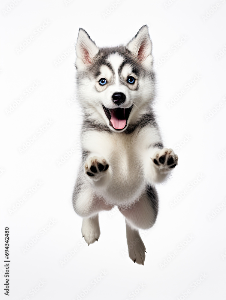 Siberian Husky puppy with happy face jumping pose isolated on white background created with Generative AI Technology  