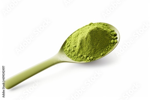 Teaspoon with green matcha tea powder isolated on white, Generative AI 