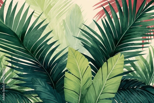 Tropical plants and palm trees, for retro texture background photo wallpaper. Green theme. Wallpaper pattern painted in watercolor. Generative AI  photo