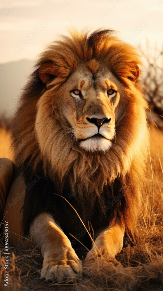 Beautiful and wise majestic male lion king sitting on the grassland with the beautiful light of golden sunset created with Generative AI Technology