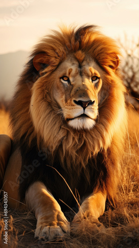 Beautiful and wise majestic male lion king sitting on the grassland with the beautiful light of golden sunset created with Generative AI Technology © AstraNova