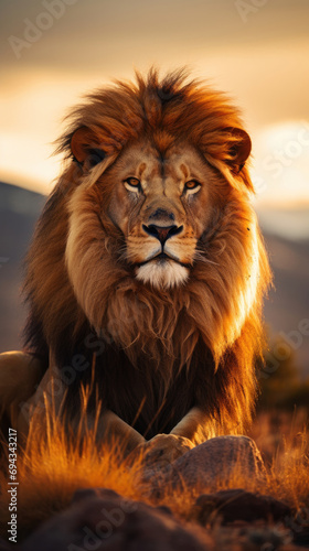 Beautiful and wise majestic male lion king sitting on the grassland with the beautiful light of golden sunset created with Generative AI Technology