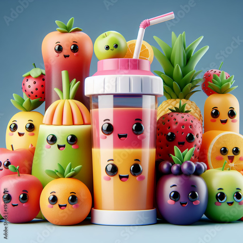 illustration of various fruits and juicers with smiling expressions, the happiness of consuming fruit