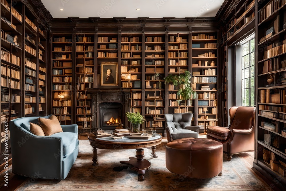A luxurious house library with floor-to-ceiling bookshelves, a fireplace, and comfortable reading chairs, creating a sophisticated and inviting reading space