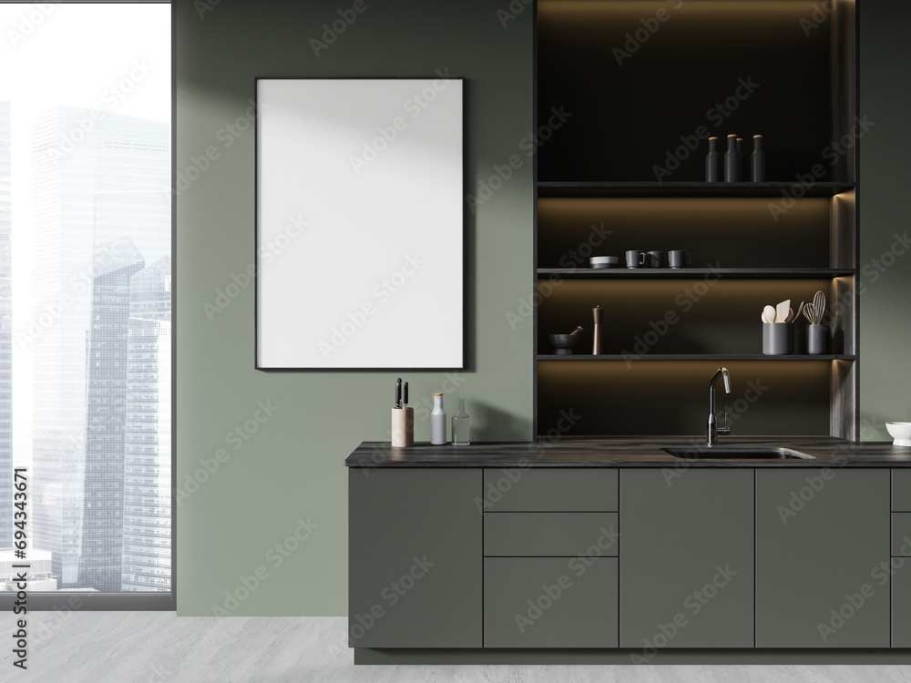Modern home kitchen interior with cooking cabinet and window. Mockup frame Modern home kitchen interior with cooking cabinet and window. Mockup frame