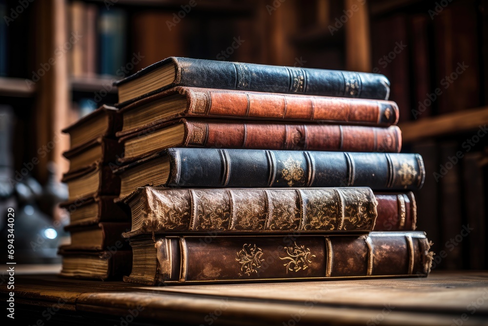 Stack of antique leather books in library Stack of antique leather books in library