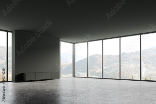 Green empty hall in modern apartment, panoramic window on countryside