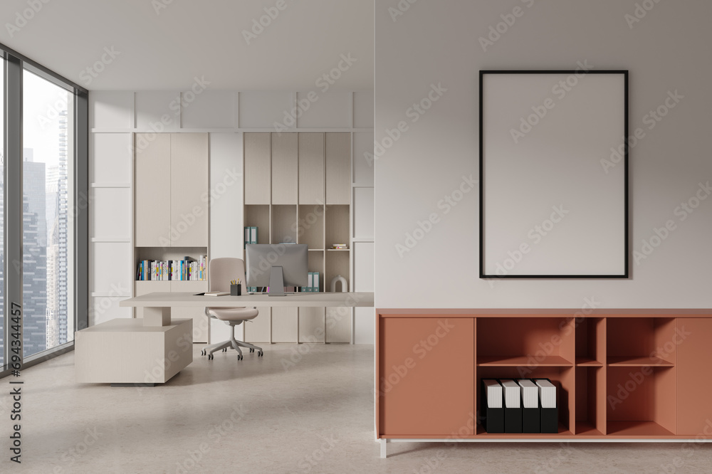 Stylish office room interior with desk and pc computer, drawer with mockup frame Stylish office room interior with desk and pc computer, drawer with mockup frame