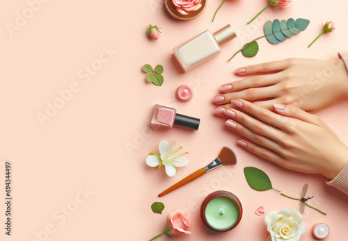 Top view, close up of female hands with manicure, fingers with nail varnish on a pastel pink background. Cosmetics, cosmetology, beauty, hand care, spa, hand treatment, beauty salon concept