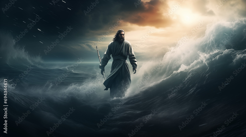 Jesus Walking on Water Amidst the Storm - Spiritual Christian Art for Faithful Reflection Christmas Xmas - obrazy, fototapety, plakaty 