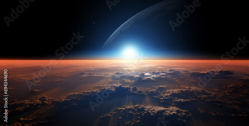 sunrise over the earth, sunrise over the mountains, earth's atmosphere at the altitude
