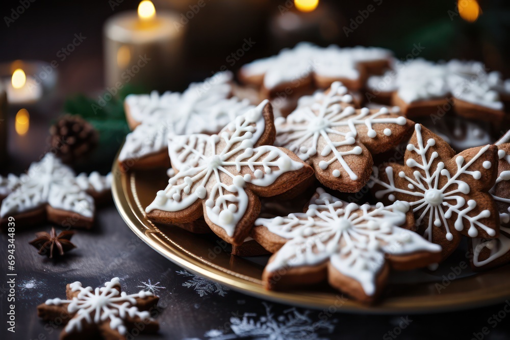 christmas gingerbread cookies or biscuits with white sugar icing with candles christmas gingerbread cookies or biscuits with white sugar icing with candles