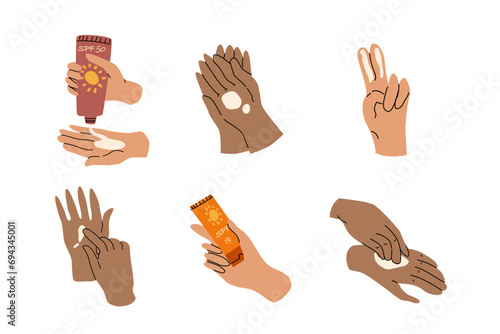 Set of different skin color hands with sun protection cream. Vector illustration isolated, Set included dark skin and bright skin. 