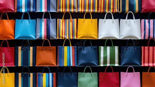 Assortment of colorful bright female shopper bags. Background for accessories store. Handbags in a bright color palette. photo