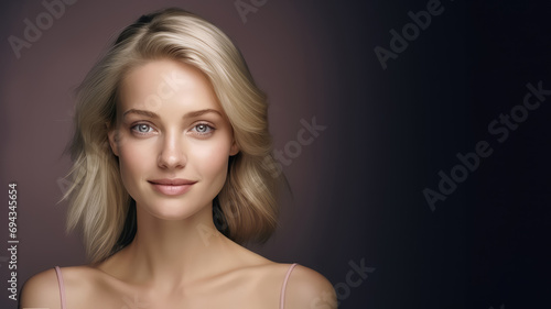 Beautiful smiling young blonde caucasian woman, isolated on neutral background. Close up portrait of face. Generative AI.