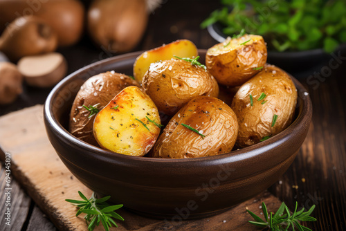 baked potatoes in bowl on background photo
