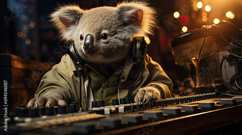 A koala using headphones as a rap music producer and DJ mixer created with Generative AI Technology