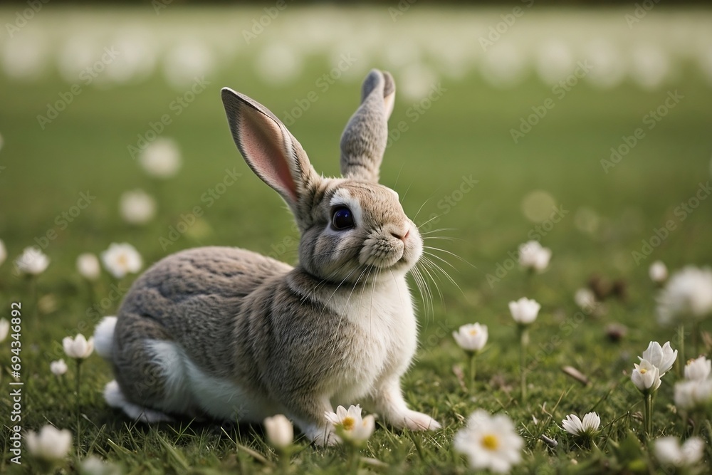 Close-up of a cute rabbit in the spring field with copy space. Close-up of a cute rabbit in the spring field with copy space.