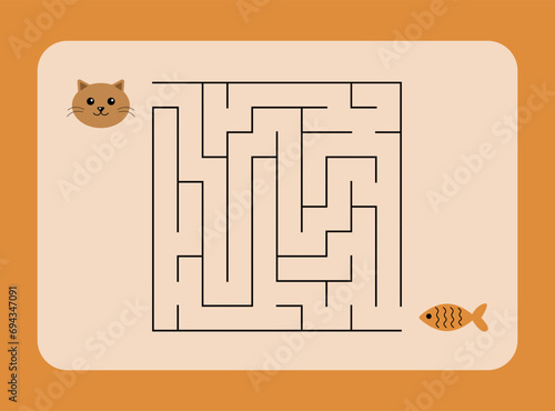 Maze game, worksheet for kids, cat and fish on an orange background, vector. Maze, cat and fish.
