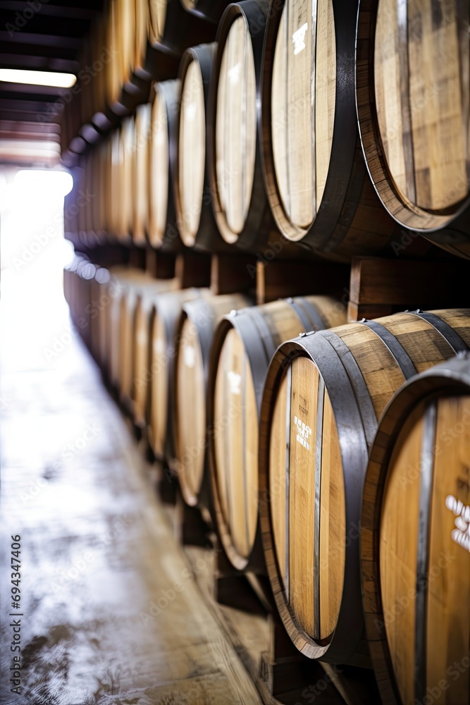 Wooden wine barrels in perspective. Vintage oak barrels of craft beer, whiskey, wine or brandy.