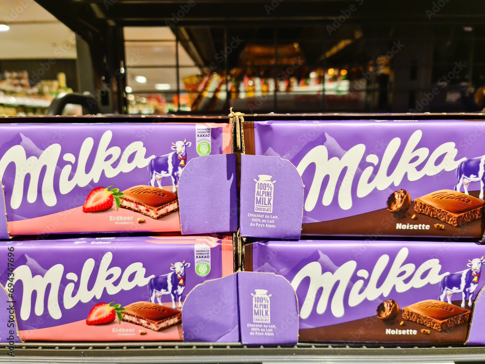 Kiel, Germany - 12 December 2023: Numerous varieties of Milka brand ...