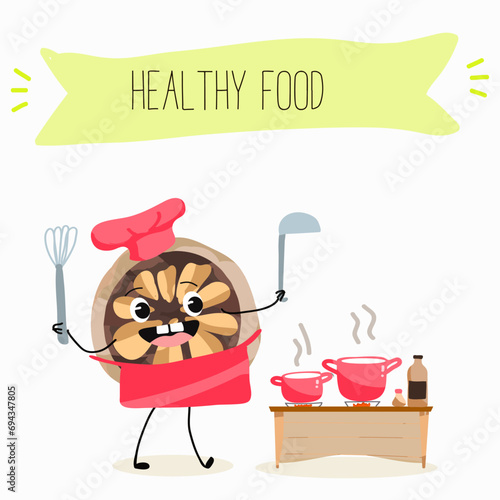 Cute brazil nut cartoon characters with different activities. Flat vector illustration, funny nut. Organic food. Antioxidant.