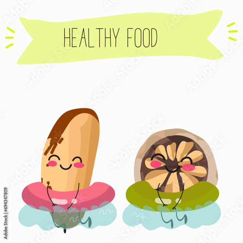 Cute brazil nut cartoon characters with different activities. Flat vector illustration, funny nut. Organic food. Antioxidant.