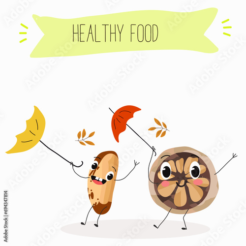 Cute brazil nut cartoon characters with different activities. Flat vector illustration, funny nut. Organic food. Antioxidant.