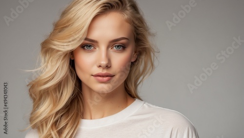 Portrait of a gorgeous young woman with long blonde hair. A beautiful face and a pleasant smile. A white T-shirt. Grey light background. © OneMoreTry