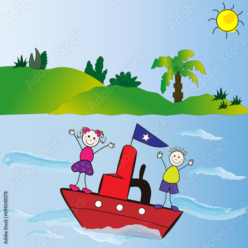 Paisaje con niños felices montados en un barco.