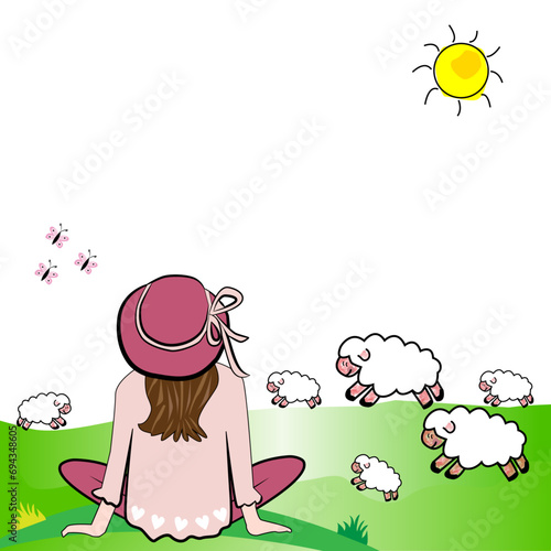 Mujer sentada en el campo con rebaño de ovejas.