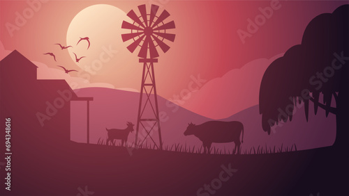 Farmland silhouette landscape vector illustration. Scenery of livestock cow and goat in the countryside farm. Rural landscape for illustration, background or wallpaper