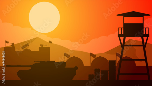 Military base landscape vector illustration. Silhouette of at military base with tank and watchtower. Military landscape for background, wallpaper or illustration. Barrack army and turret gun