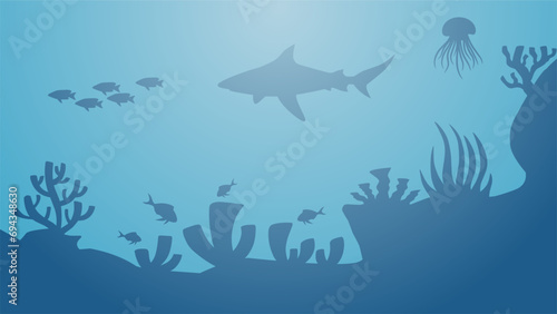 Seascape vector illustration. Scenery of shipwreck in the bottom sea with fish and coral reef. Underwater landscape for illustration, background or wallpaper