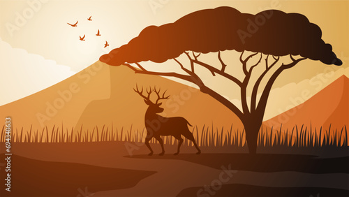 Savanna deer landscape vector illustration. Scenery of deer silhouette and african tree with sunset sky. Deer wildlife landscape for illustration  background or wallpaper