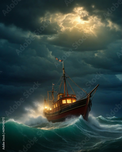 Illustration of a small fishing boat fighting huge waves in a storm 