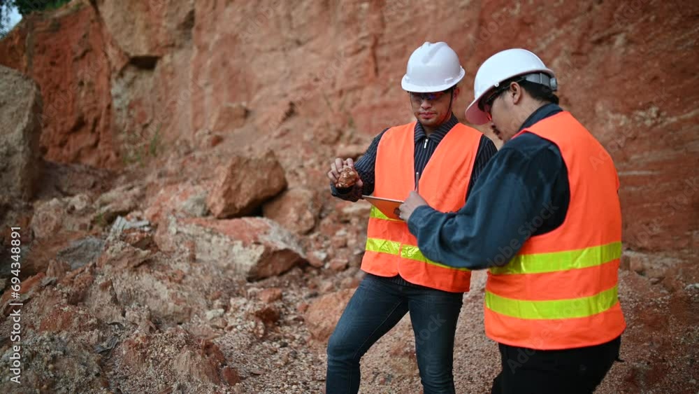 Geologist surveying mine,Explorers collect soil samples to look for minerals. Geologist surveying mine,Explorers collect soil samples to look for minerals.