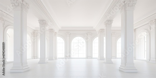 Photo of minimalistic architectural interior with white background, ceiling, and pillars