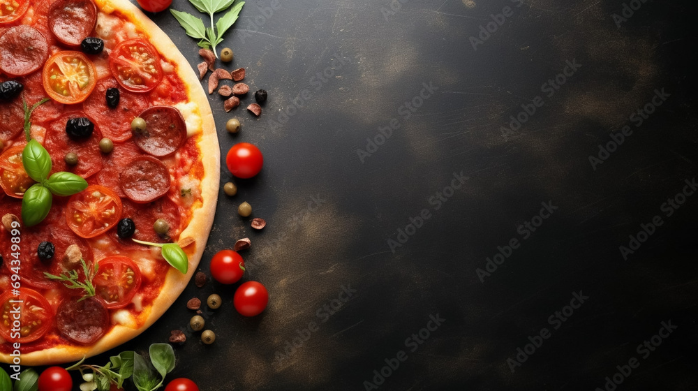 copy space, stockphoto, tasty pizza, top view. Beautiful background for national pizza day, italian restaurant menu or pizzeria. Traditional Italian food. National pizza day.