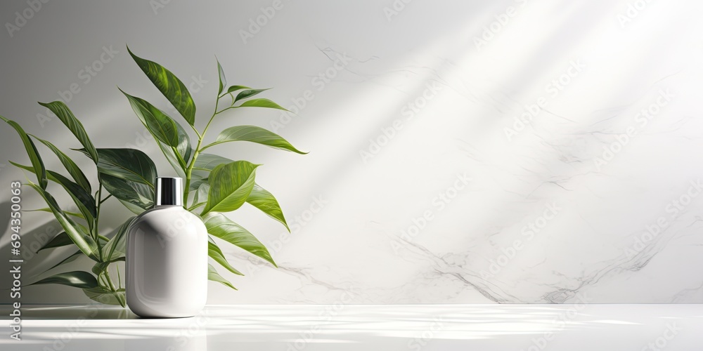 Minimal studio background with a white and gray marble texture, featuring a leafy shadow on the wall. Suitable for presenting and selling cosmetic products online. Minimal studio background with a white and gray marble texture, featuring a leafy shadow on the wall. Suitable for presenting and selling cosmetic products online.