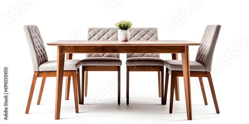 Contemporary wooden kitchen dining table, isolated on a white background, with fabric chairs.