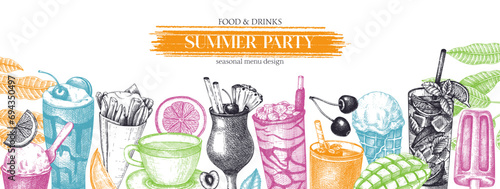 Summer party background. Non-alcoholic beverage, mocktail, ice cream, fruit, cocktail sketches. Hand drawn vector illustration. Summer food and drinks. Bar menu. Tropical design in color